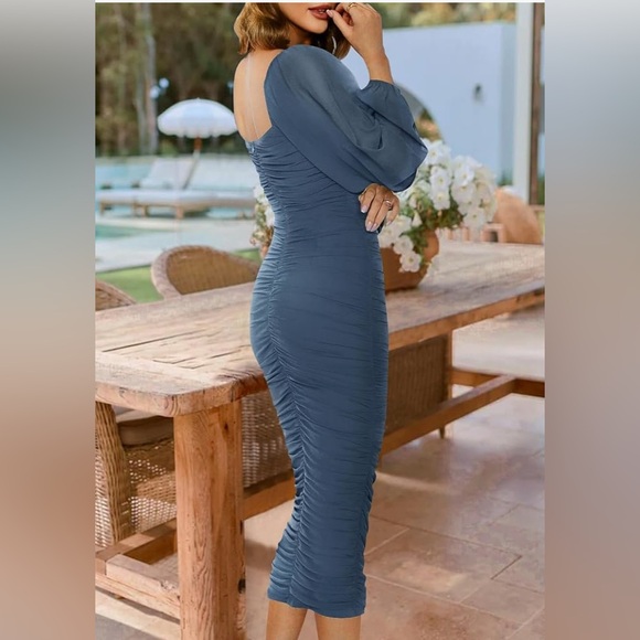 ZESICA Women's Puff Sleeve Square Neck Ruched Bodycon Midi Dress- Size S- BNWT - Picture 2 of 8